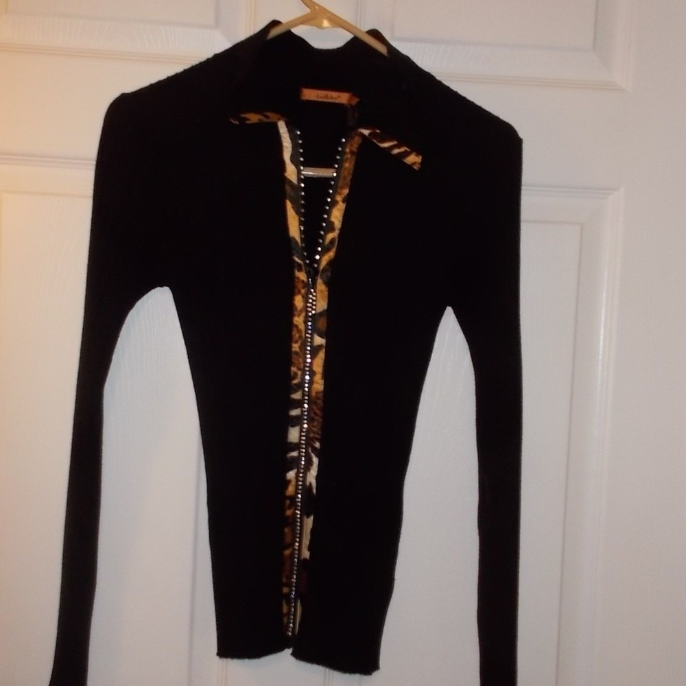 Belldini Animal Print Rhinestone Zip Front Cardigan Sweater Mock Neck